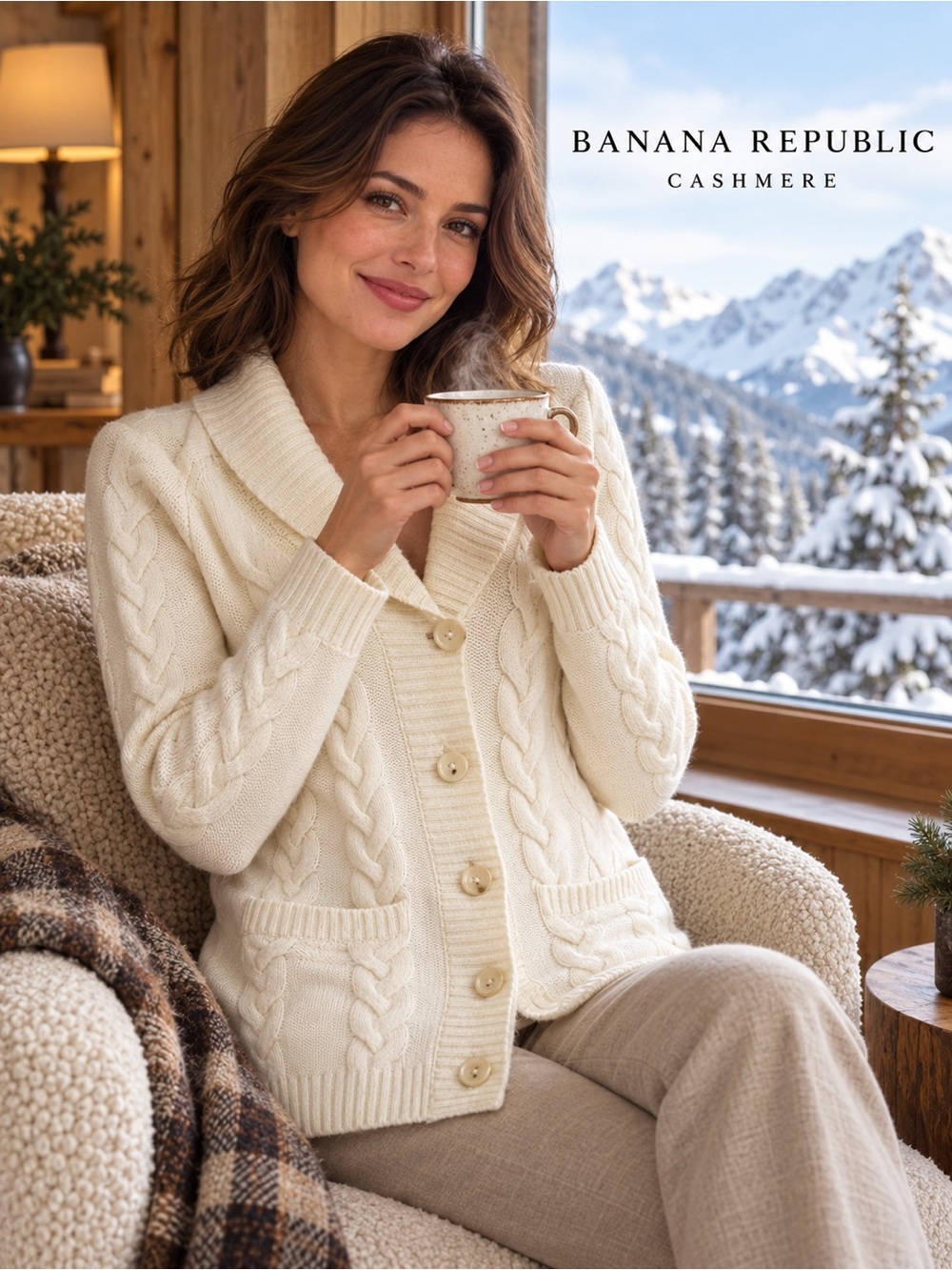 🌸Banana Republic Cashmere Cream Cable-Knit Cardigan Sweater size L Quiet Luxury